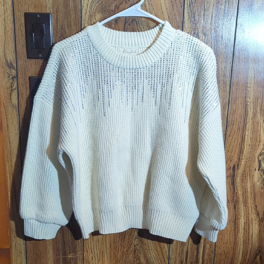 Marled White Knit Sweater